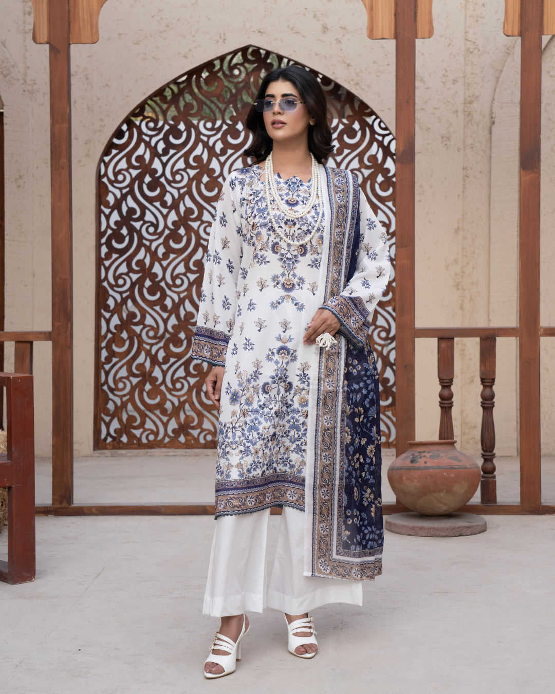3 Piece - Gold Unstitched White Printed Lawn Suit