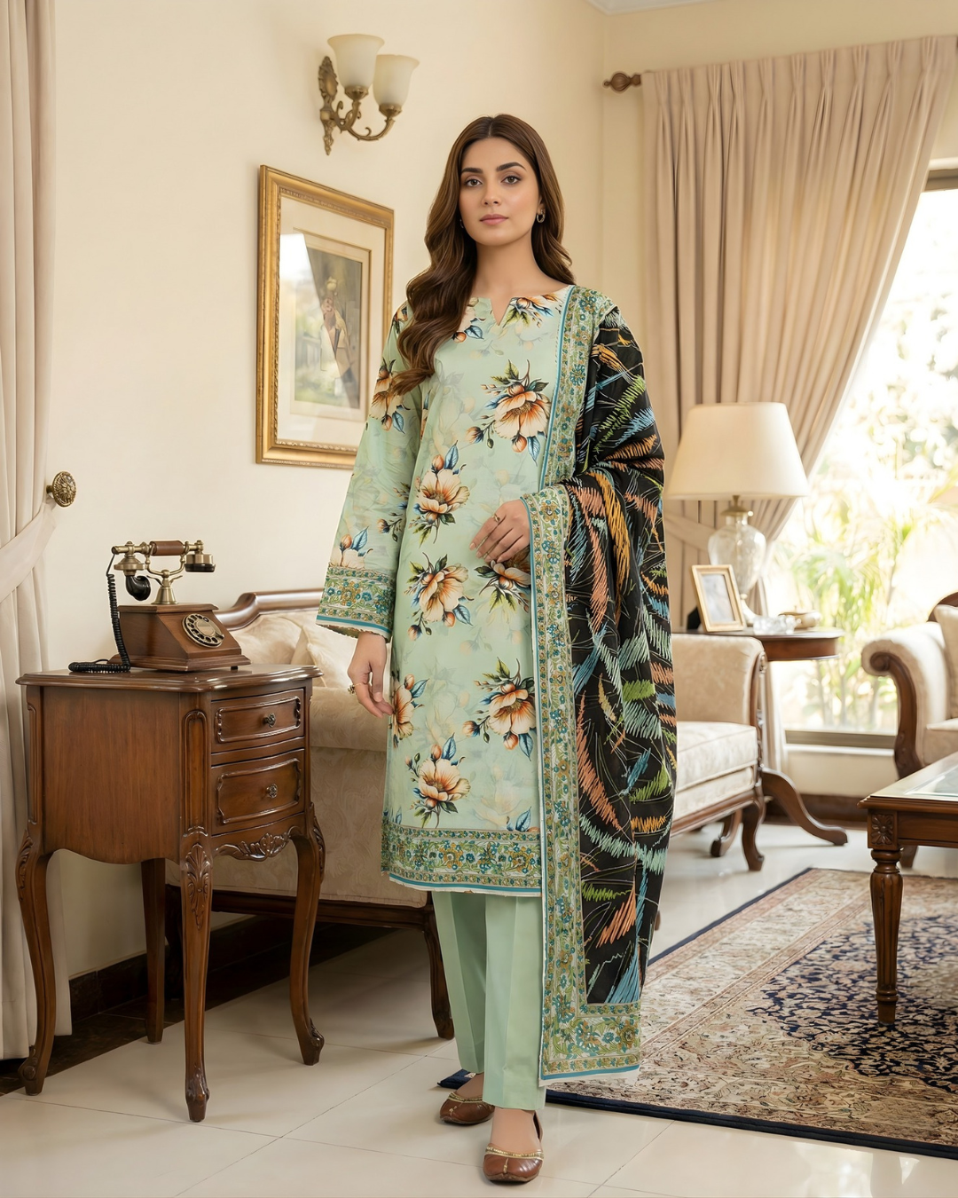 3 Pieces - Arfa Unstitched Pista Chamki Print Lawn Suit