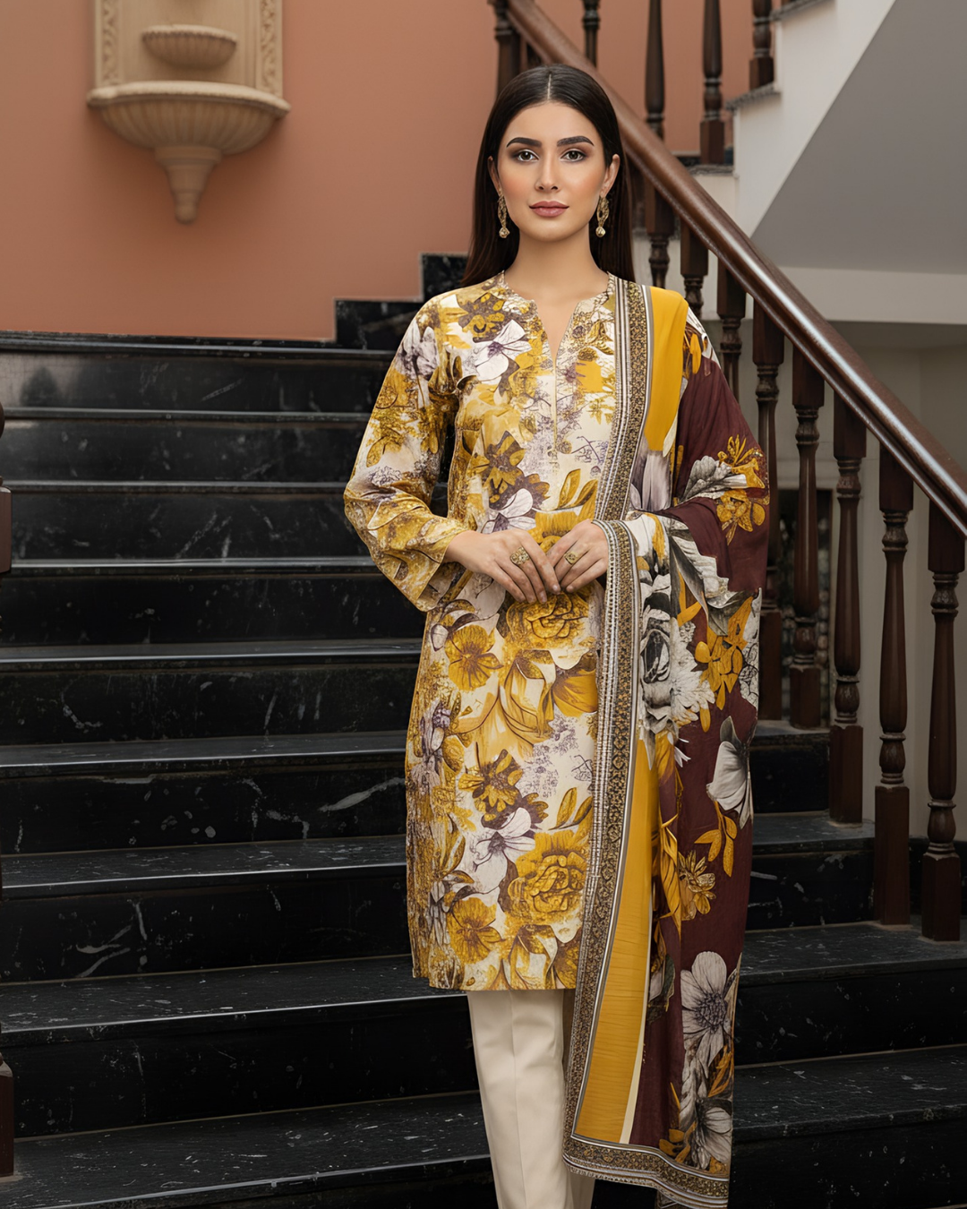 3 Pieces - Marooj Unstitched Off-White Printed Khaddar Suit