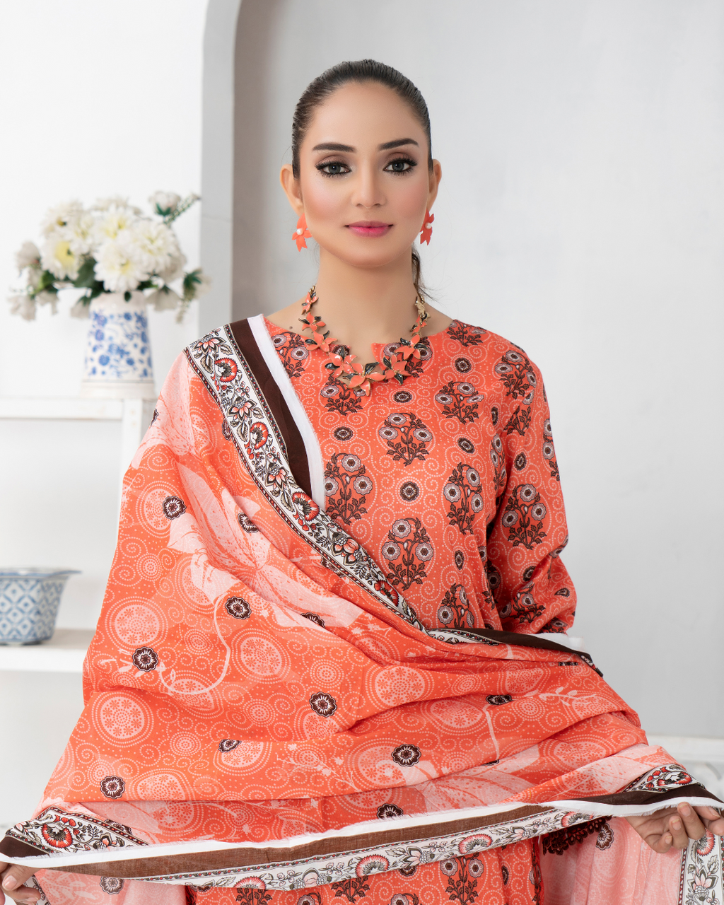 3 Piece - Mahi Unstitched Orange Ladies Print Lawn Suit