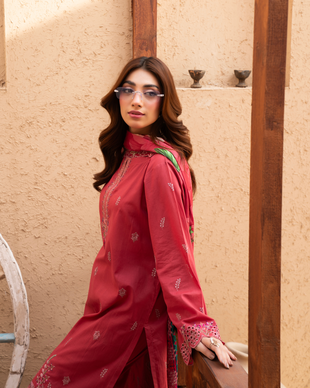 3 Piece - Gold Unstitched Maroon Embroidered Lawn Suit