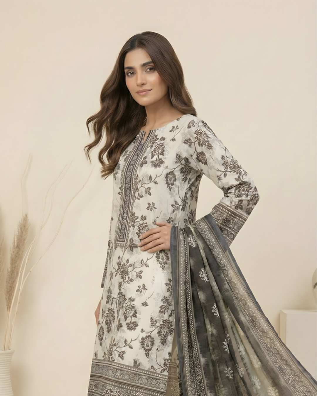 3 Pieces - Marooj Unstitched Off White Transliminor Magic Print Lawn Suit