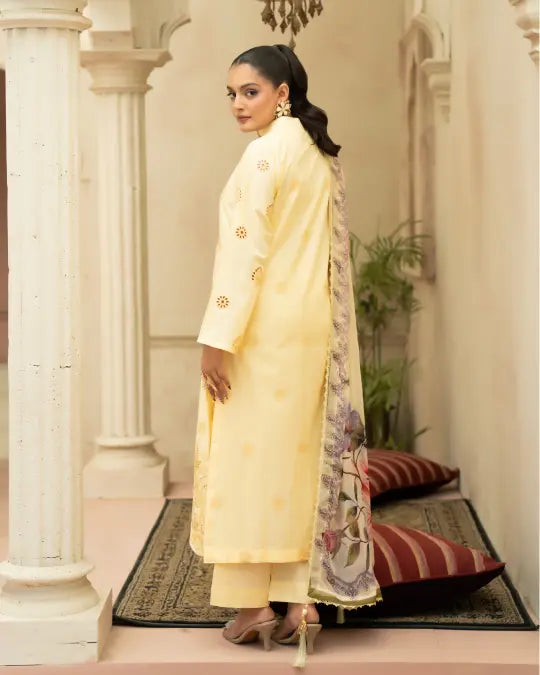 3 Piece - Gold Unstitched Cream Embroidered Lawn Suit