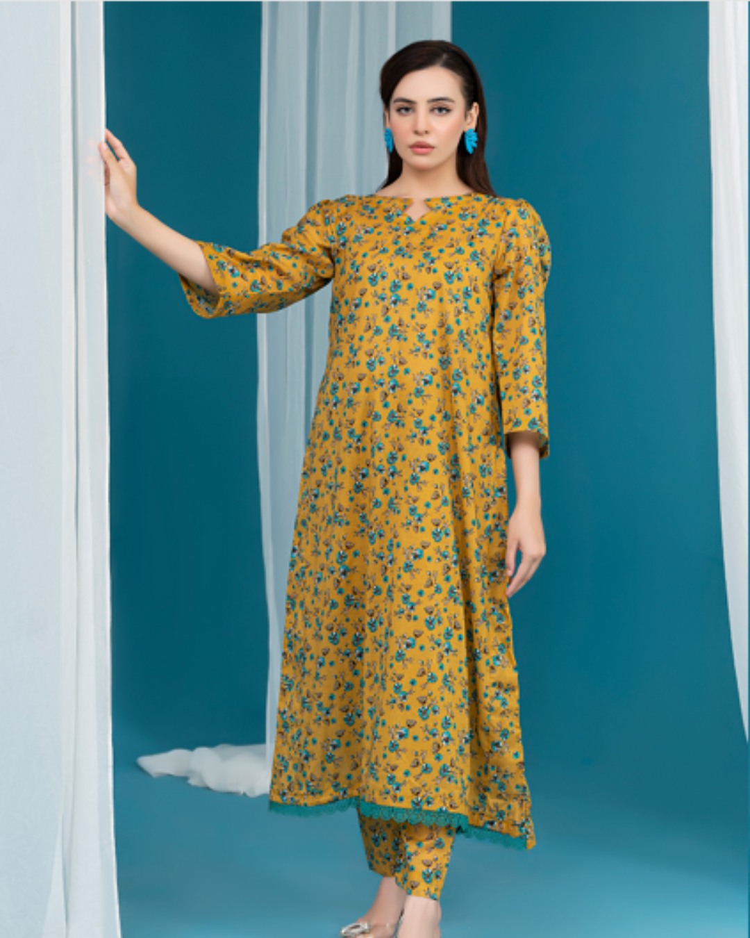 2 Piece - Gold Unstitched Olive  Yellow Ladies Print Lawn Suit
