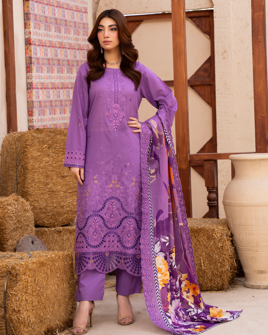 3 Piece - Gold Unstitched Purple Embroidered Lawn Suit