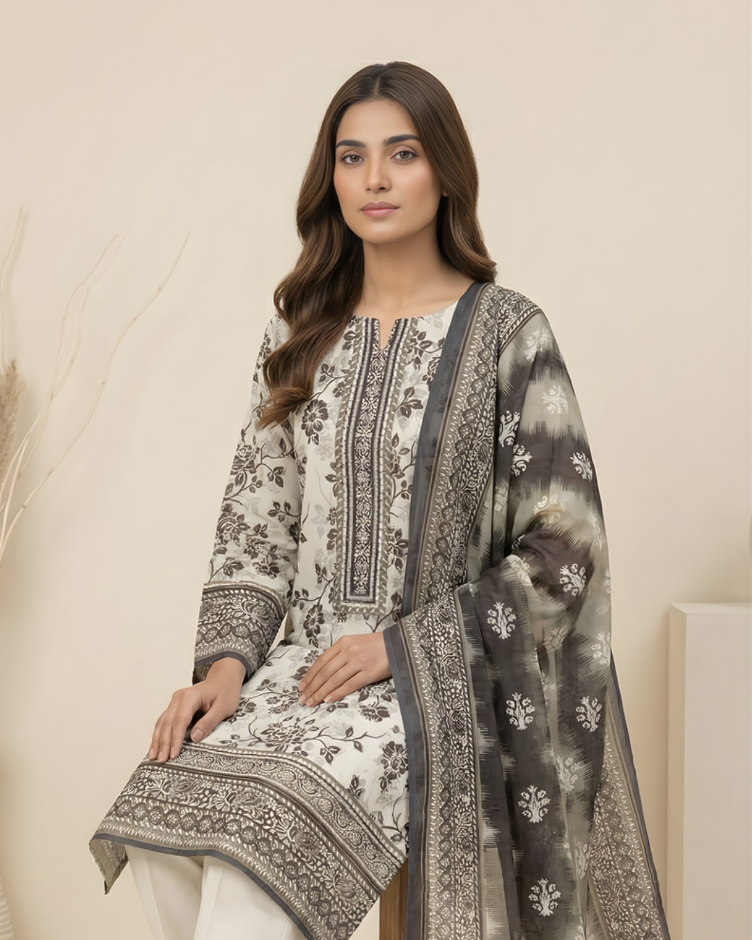 3 Pieces - Marooj Unstitched Off White Transliminor Magic Print Lawn Suit