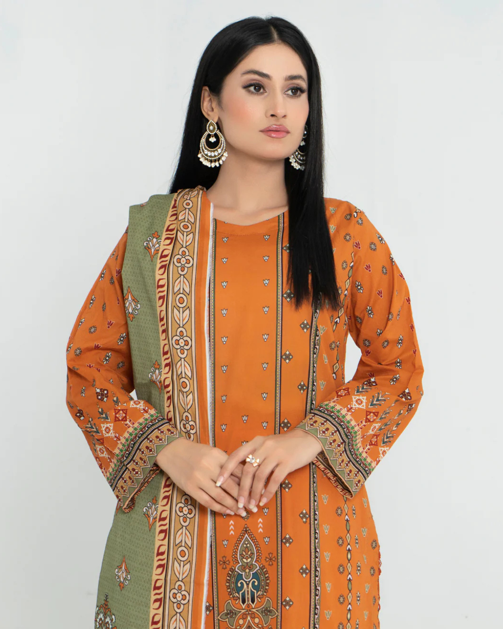 3 Piece - Junoon Unstitched Orange Ladies Transliminor Magic Print Lawn Suit