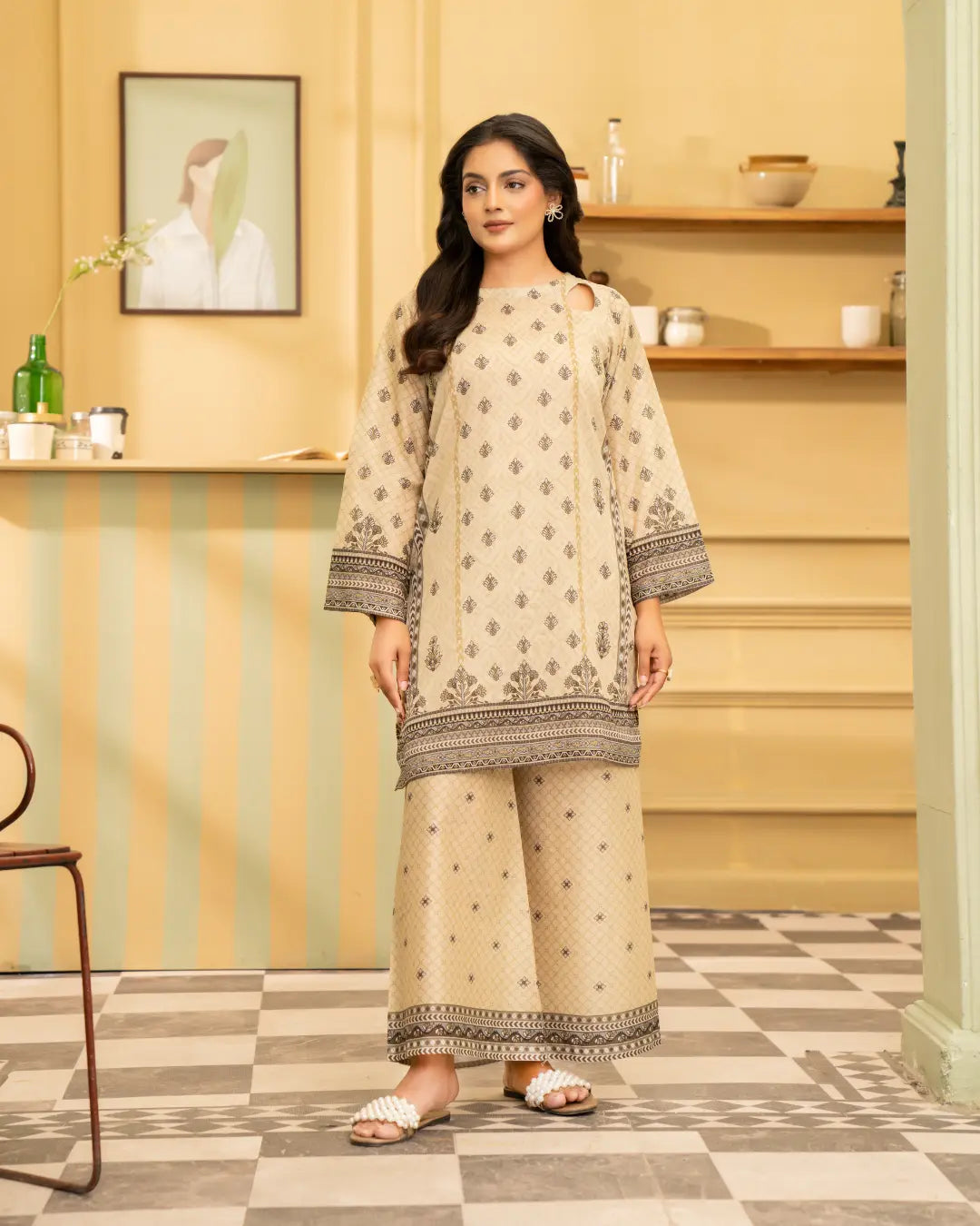 2 Piece - Gold Unstitched Cream Ladies Print Lawn Suit