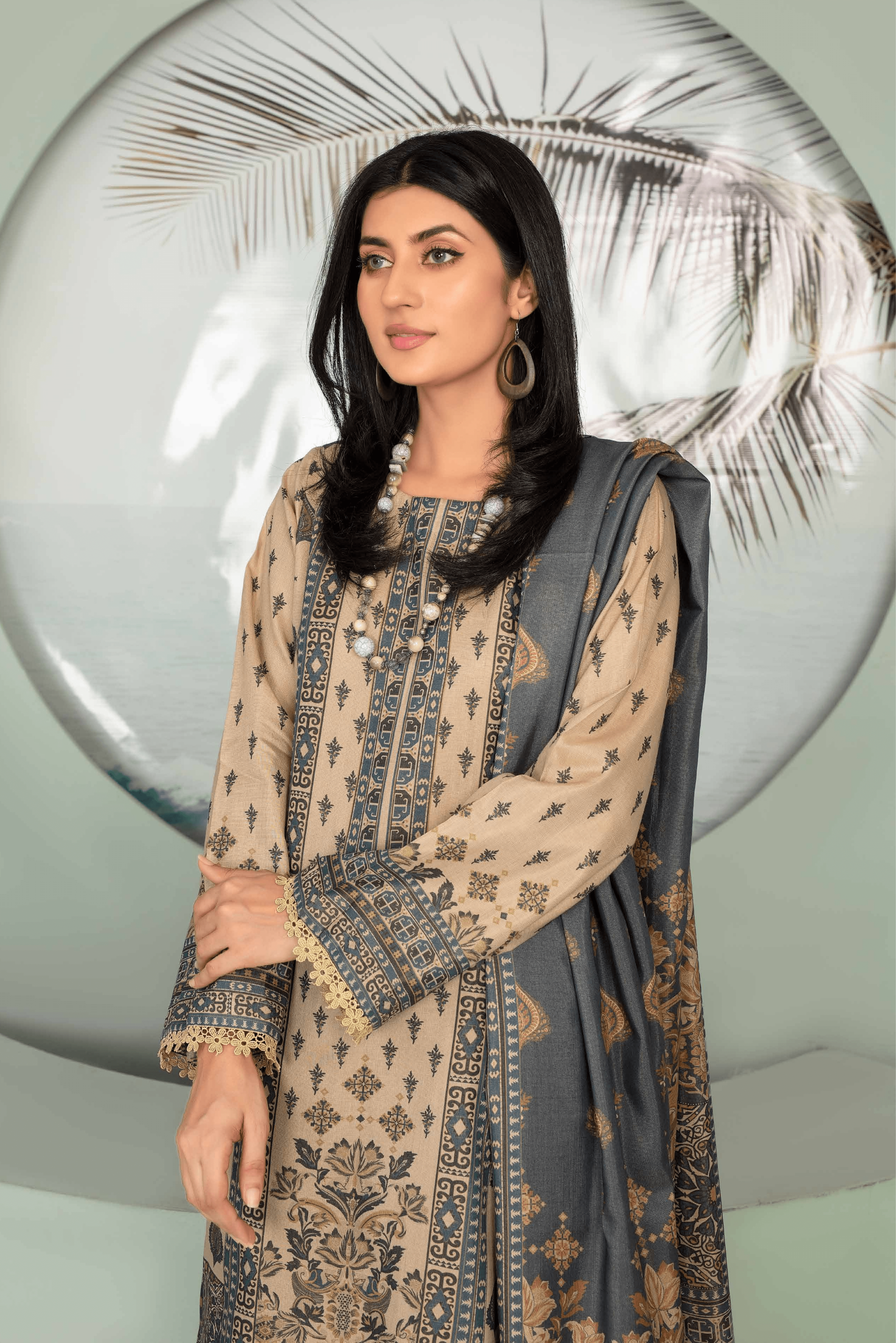 3 Pieces - Aizal Unstitched Skin Printed Shamray Linen Suit