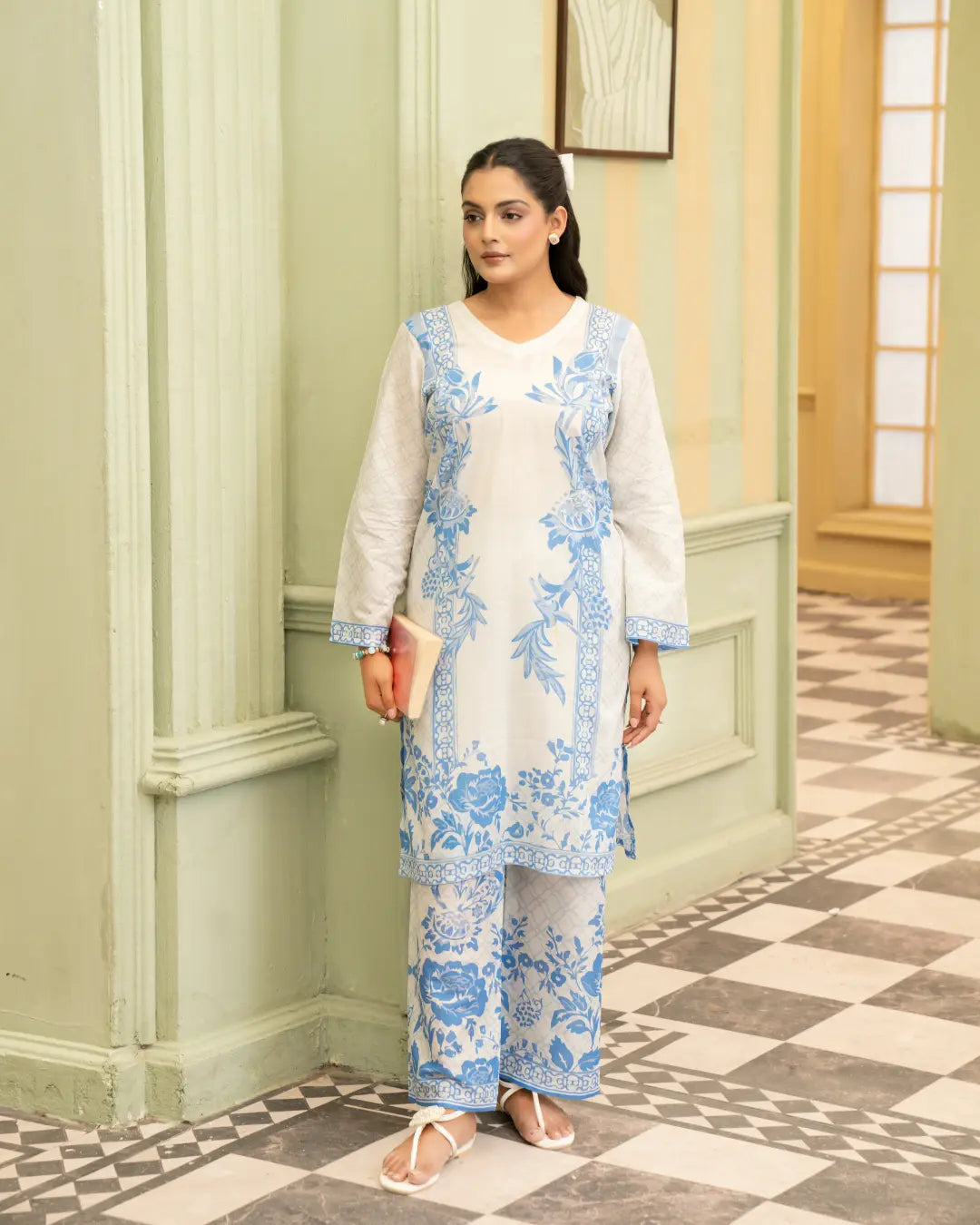 2 Piece - Gold Unstitched Sky Blue Ladies Print Lawn Suit