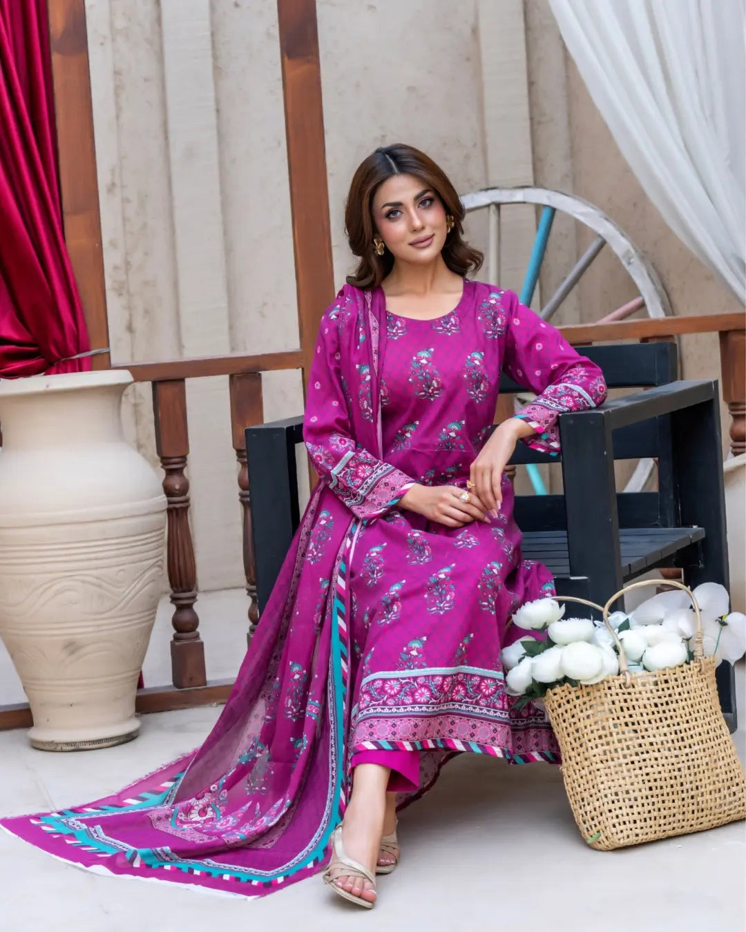 3 Piece - Gold Unstitched Plum Printed Lawn Suit
