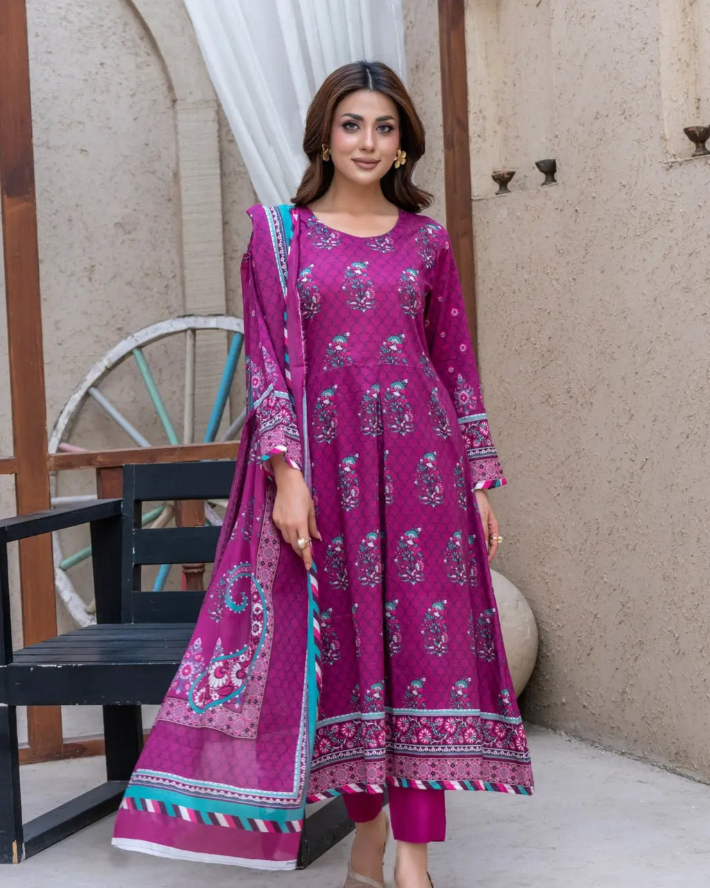 3 Piece - Gold Unstitched Plum Printed Lawn Suit