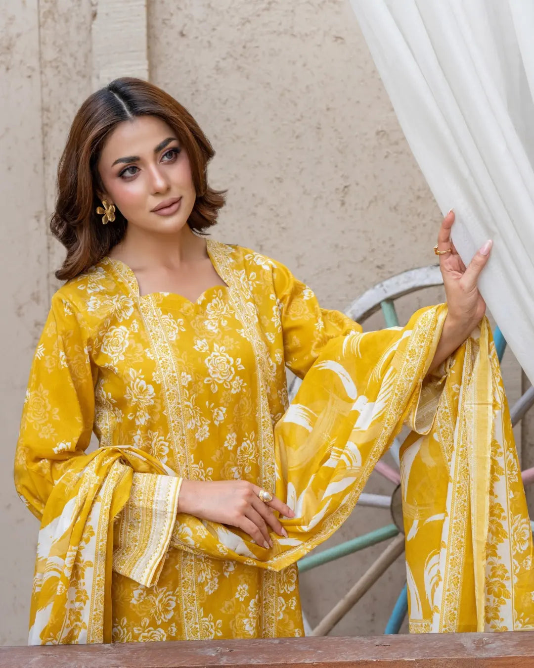 3 Piece - Gold Unstitched Lemon Printed Lawn Suit