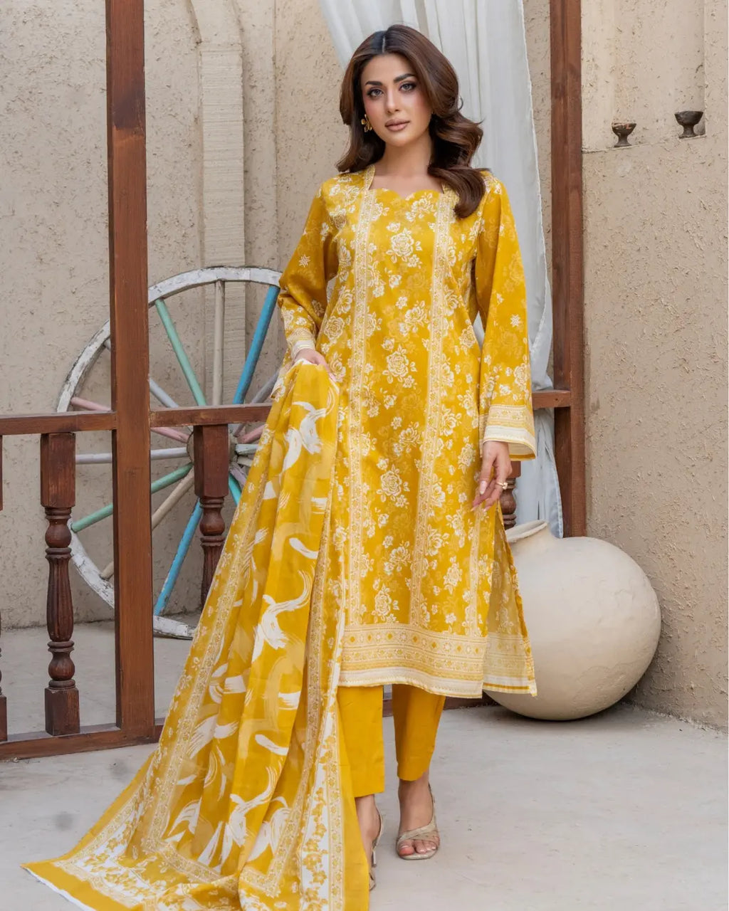 3 Piece - Gold Unstitched Lemon Printed Lawn Suit