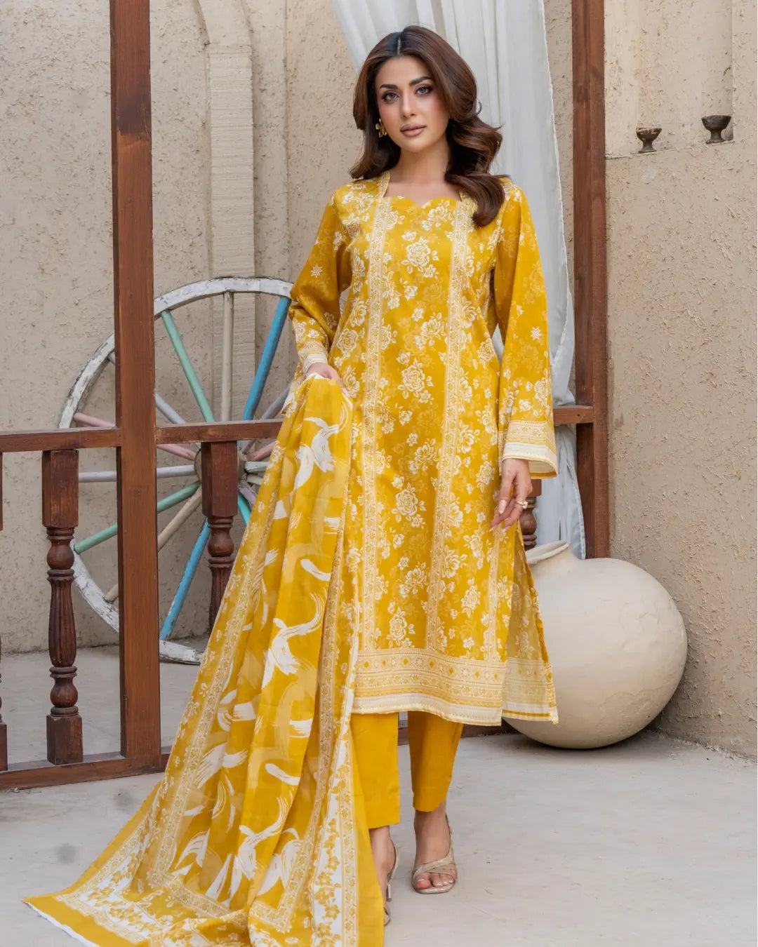 3 Piece - Gold Unstitched Lemon Printed Lawn Suit