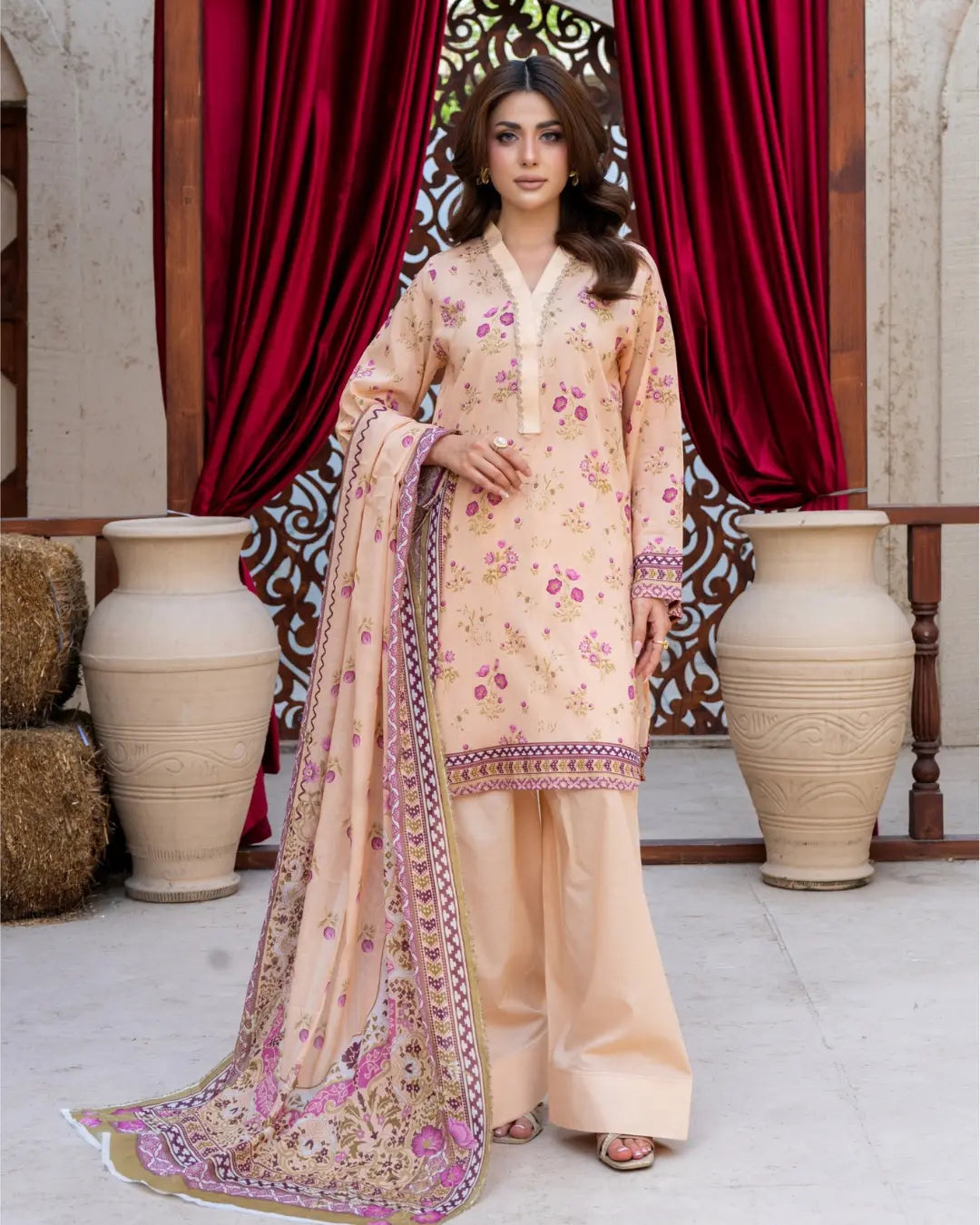 3 Piece - Gold Unstitched Skin Printed Lawn Suit