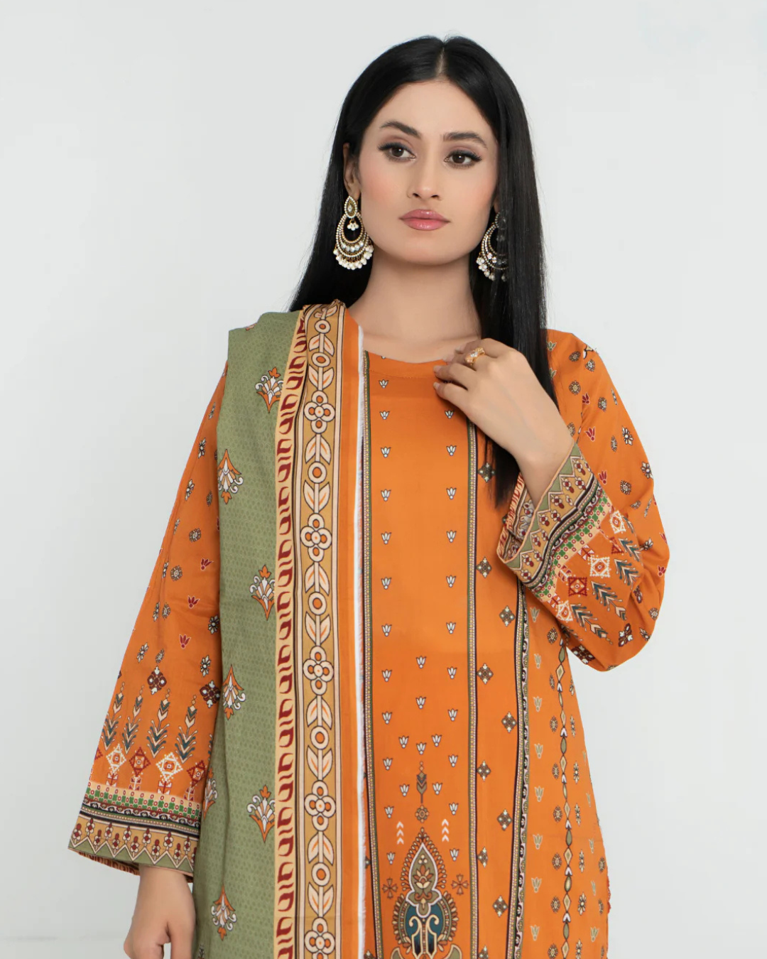 3 Piece - Junoon Unstitched Orange Ladies Transliminor Magic Print Lawn Suit
