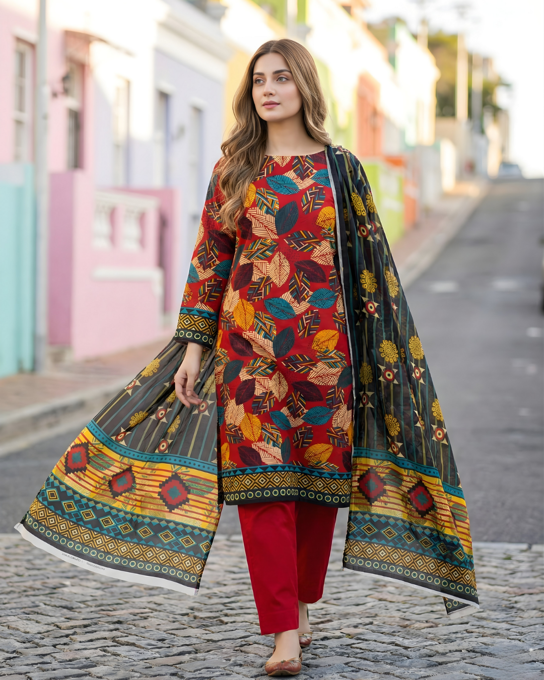 3 Pieces - Sohni Dharti Unstitched Red Transliminar Magic Print Lawn Suit