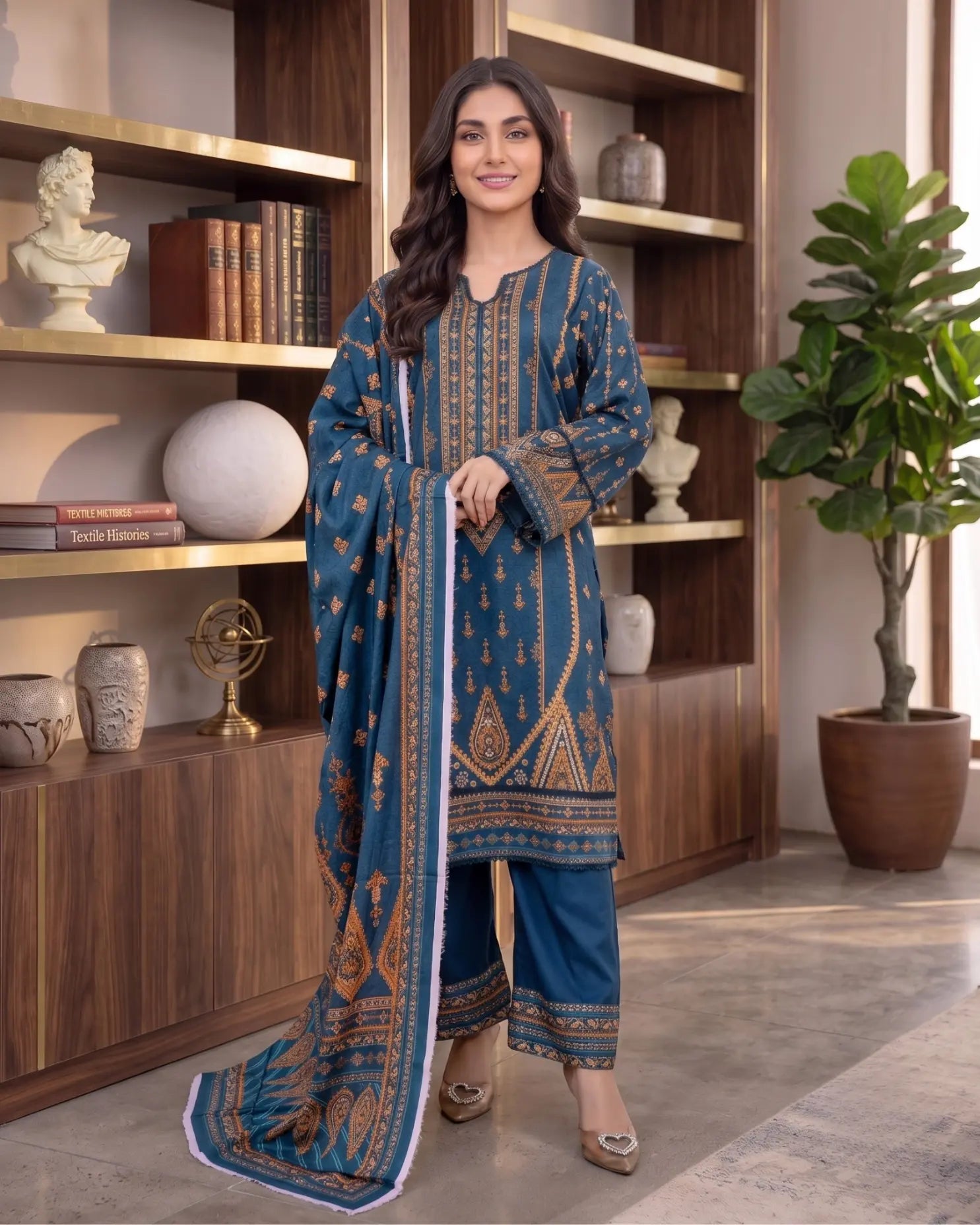 3 Piece - Marooj Unstitched Blue Ethnic Doria Linen Suit