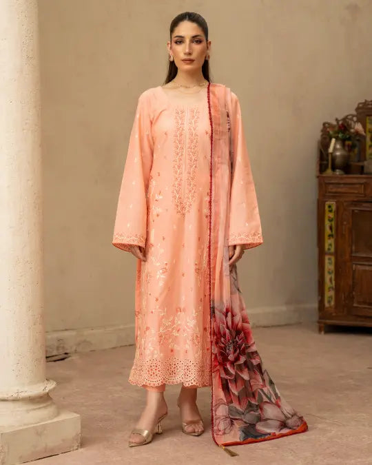 3 Piece - Gold Unstitched Peach Embroidered Lawn Suit