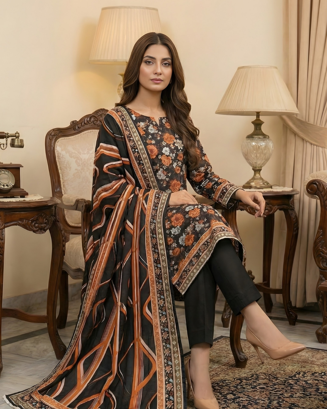 3 Pieces - Arfa Unstitched Black Chamki Print Lawn Suit