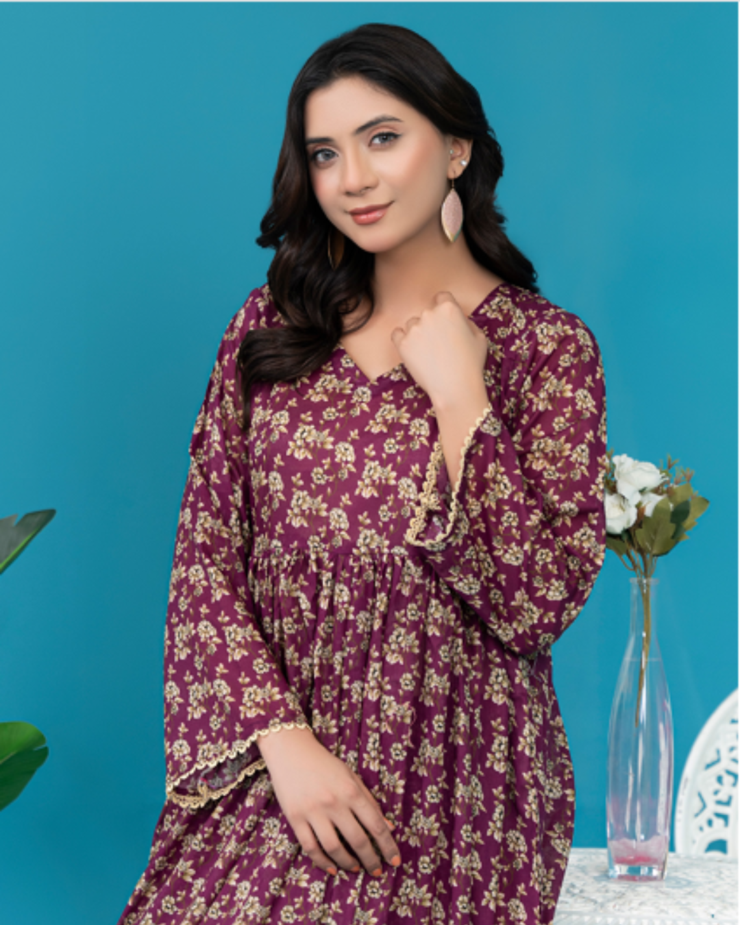 2 Piece - Gold Unstitched Maroon Ladies Print Lawn Suit