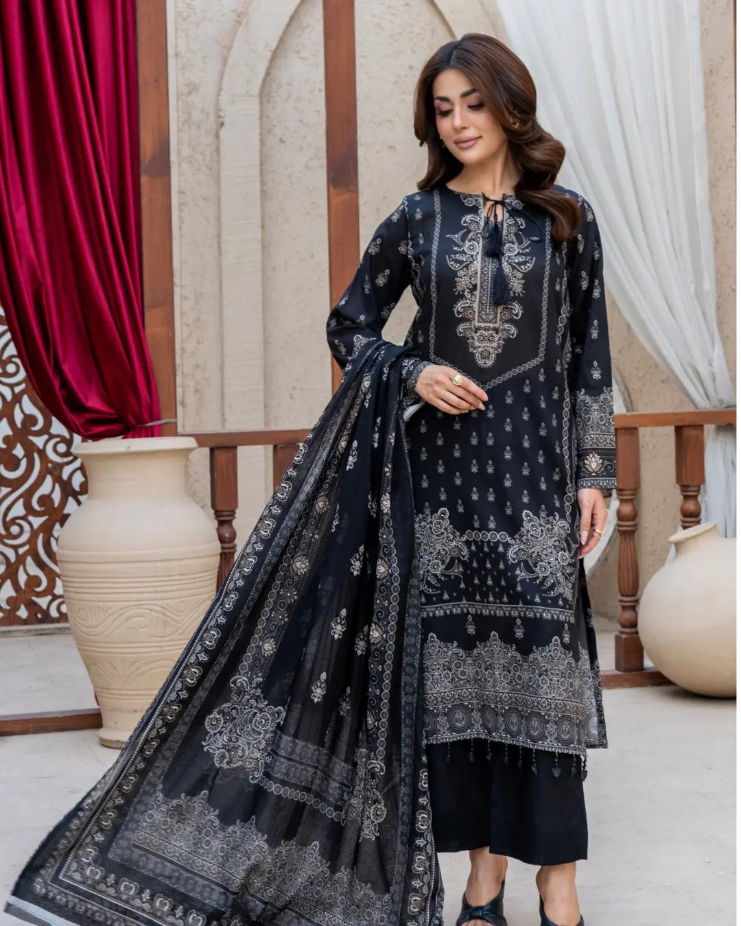 3 Piece - Gold Unstitched Black Printed Lawn Suit