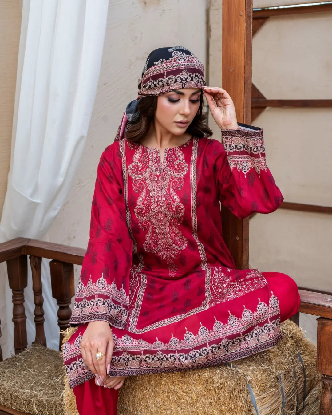 3 Piece - Gold Unstitched Maroon Printed Lawn Suit