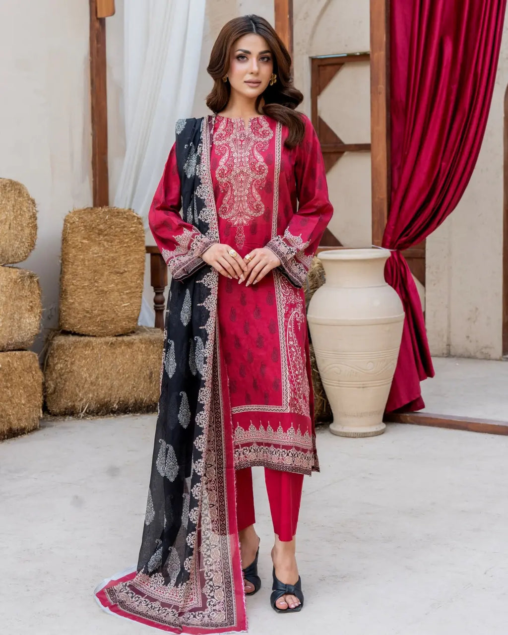3 Piece - Gold Unstitched Maroon Printed Lawn Suit