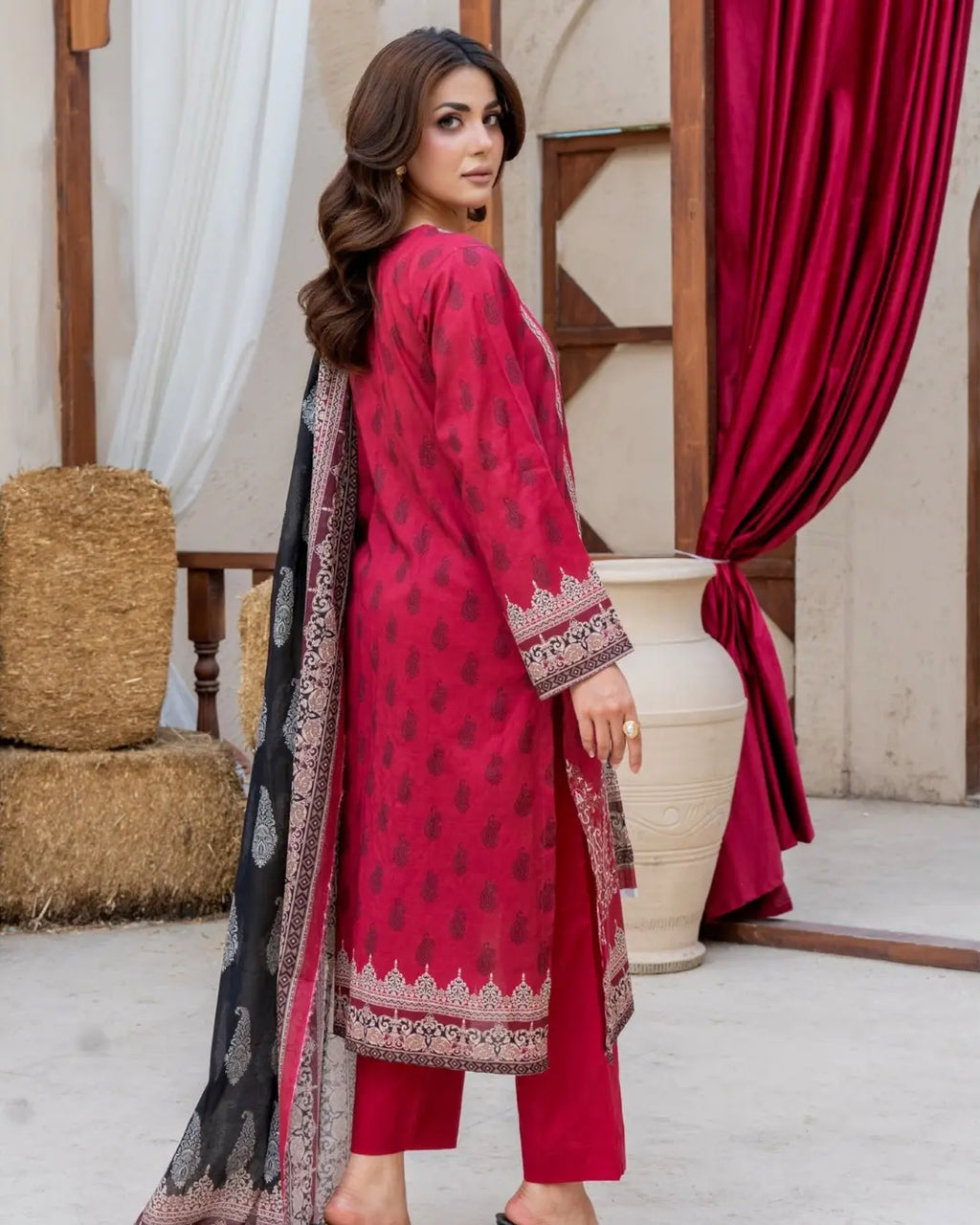 3 Piece - Gold Unstitched Maroon Printed Lawn Suit