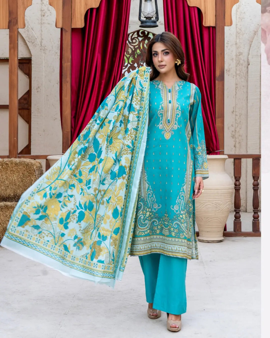 3 Piece - Gold Unstitched Ferozi Printed Lawn Suit