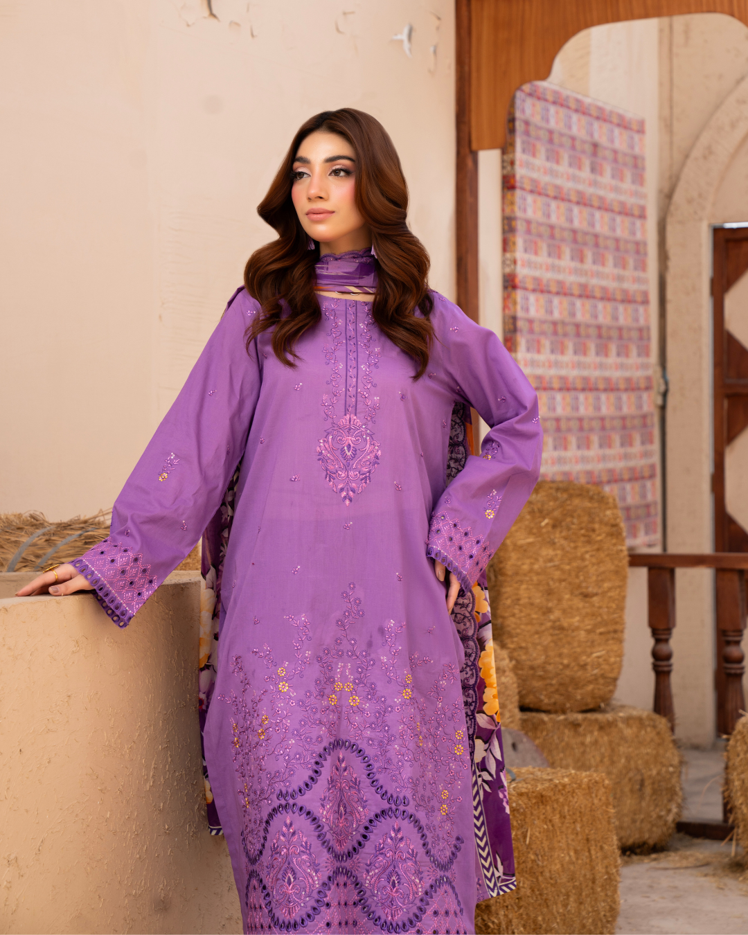 3 Piece - Gold Unstitched Purple Embroidered Lawn Suit