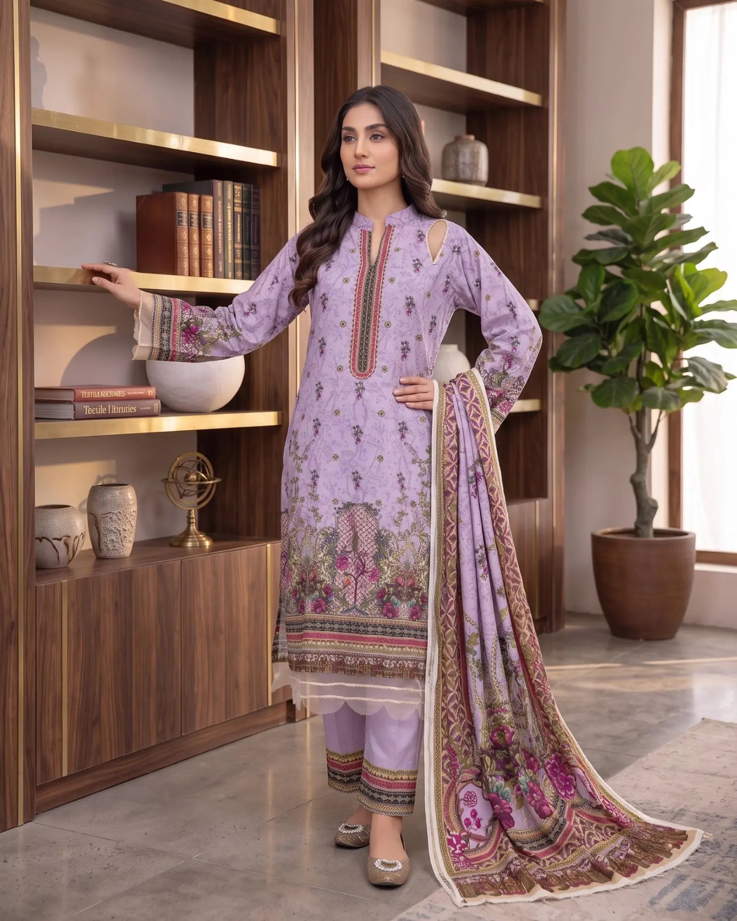 3 Piece - Marooj Unstitched Light Purple Ethnic Doria Linen Suit