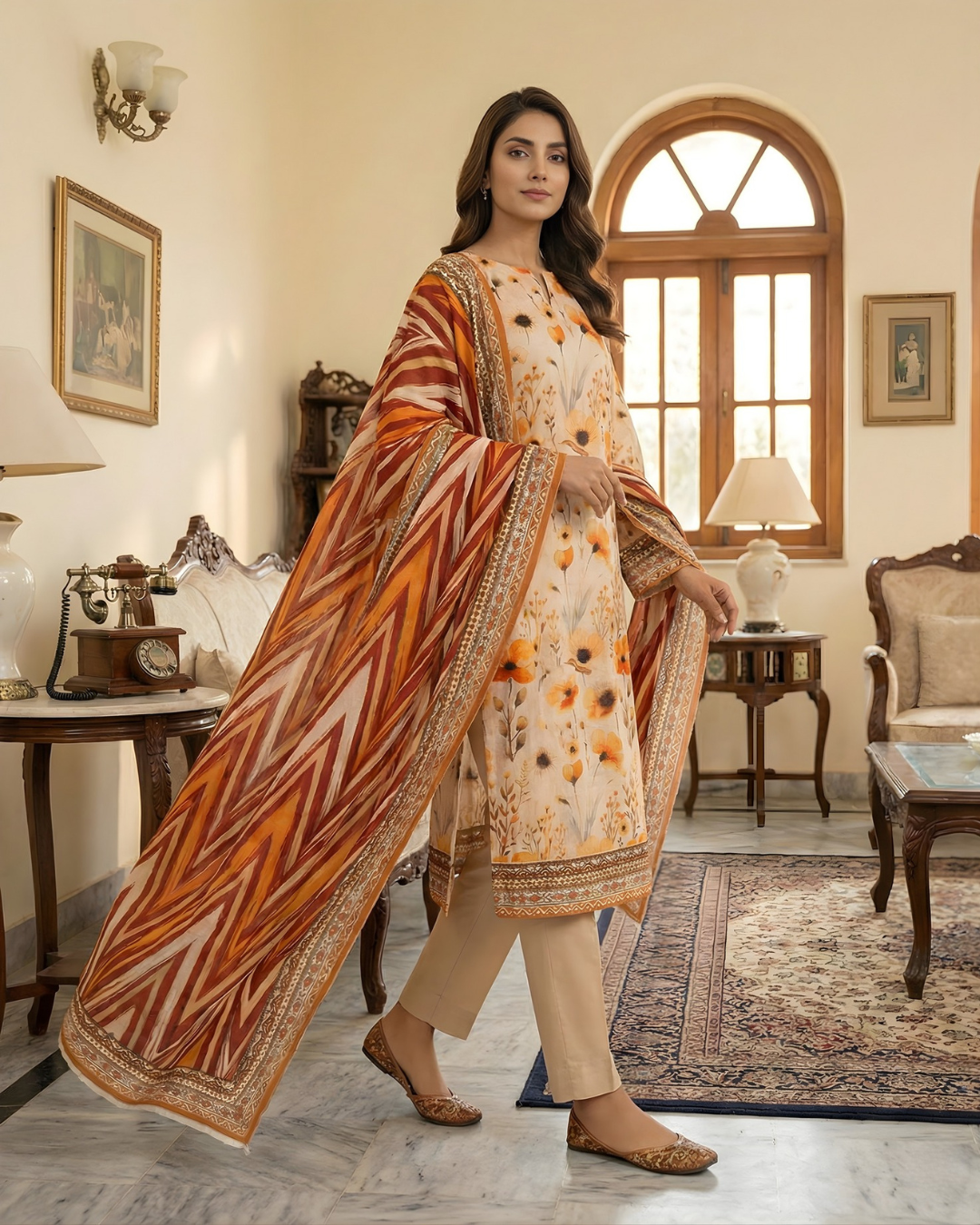3 Pieces - Arfa Unstitched Skin Chamki Print Lawn Suit