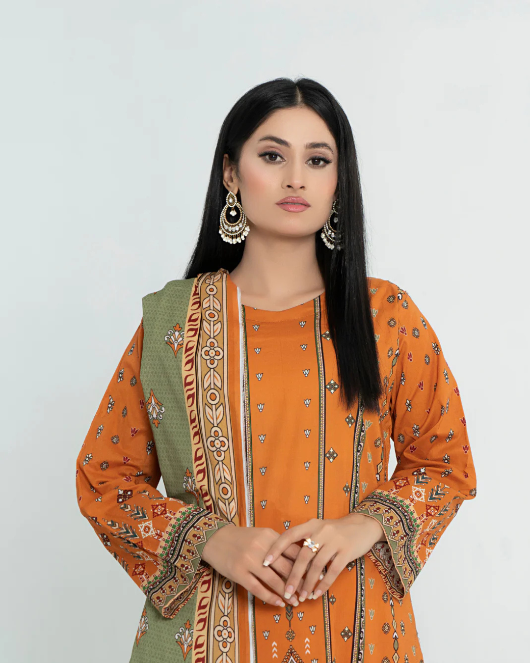 3 Piece - Junoon Unstitched Orange Ladies Transliminor Magic Print Lawn Suit