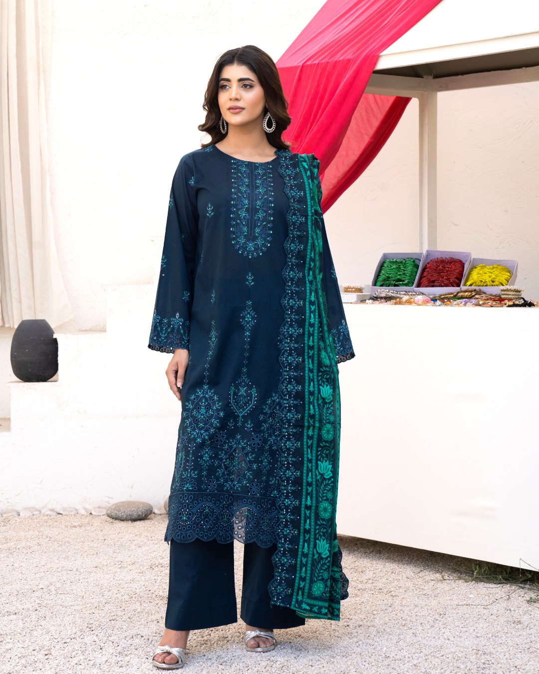 3 Piece - Gold Unstitched Blue Embroidered Lawn Suit