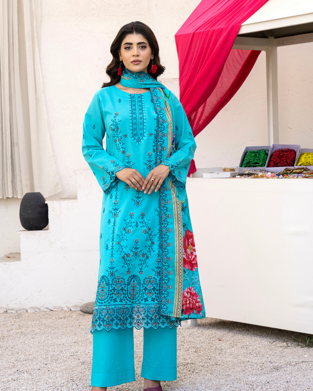 3 Piece - Gold Unstitched Ferozi Embroidered Lawn Suit