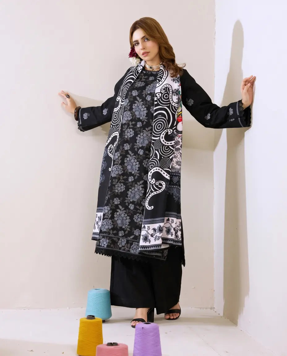 3 Piece - Gold Unstitched Black Embroidered Karandi Suit