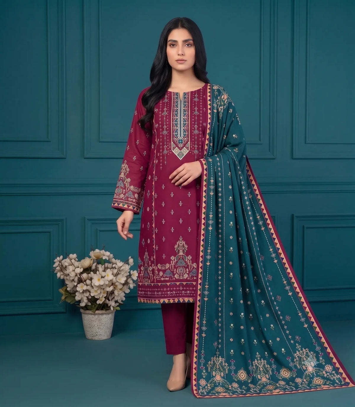 3 Piece - Marooj Ethnic Premium Printed Unstitched Plum khaddar Suit