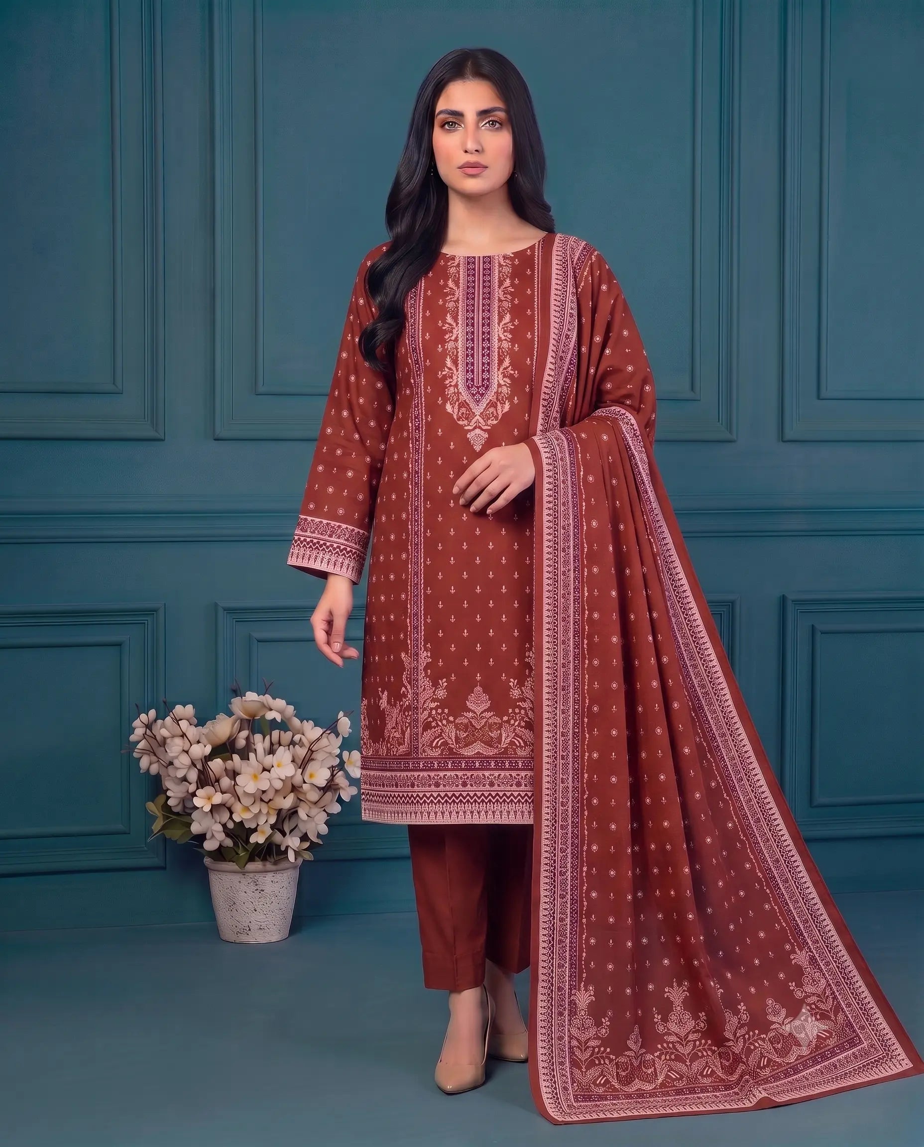 3 Piece - Marooj Ethnic Premium Printed Unstitched Red khaddar Suit