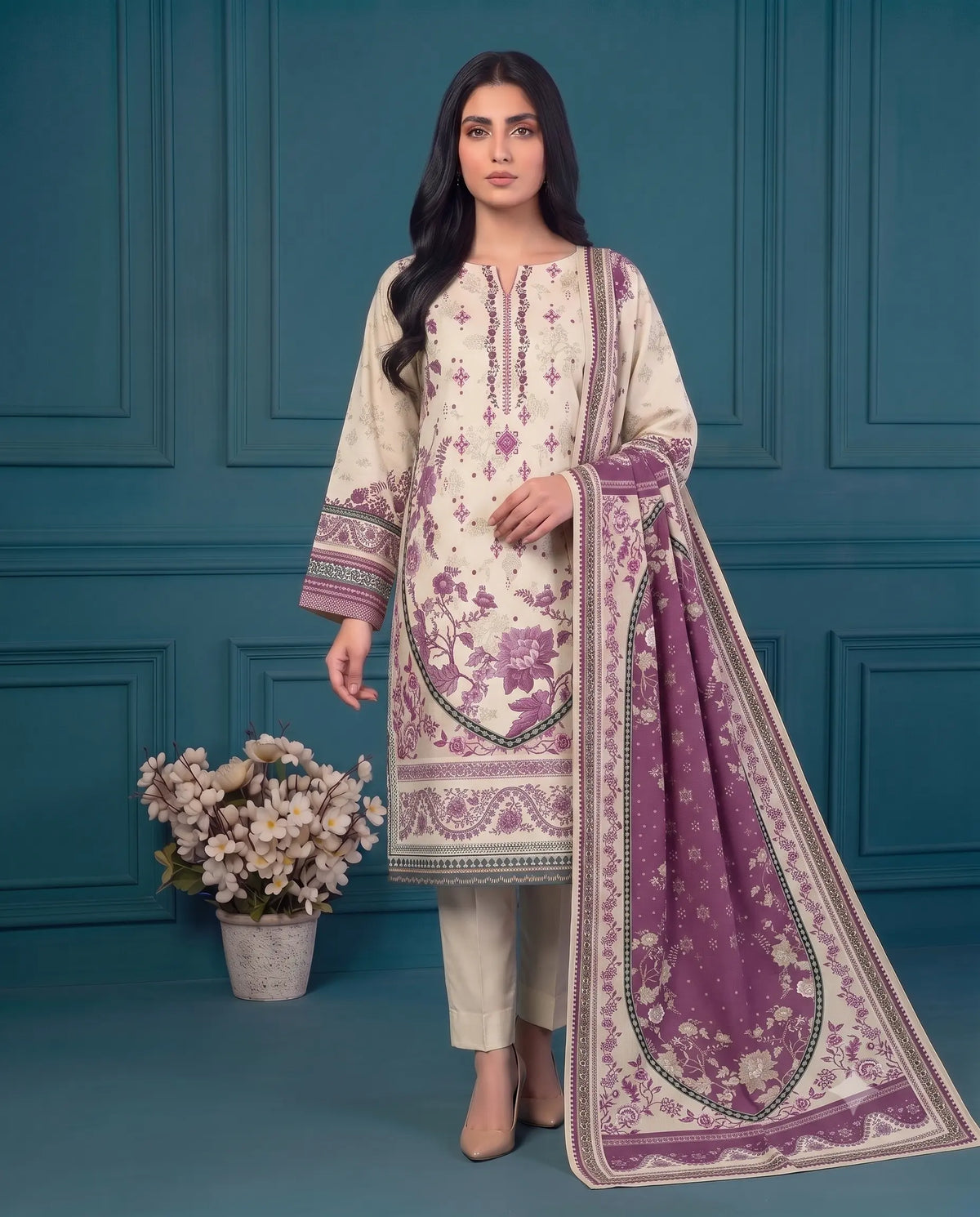 3 Piece - Marooj Ethnic Premium Printed Unstitched Off-White khaddar Suit