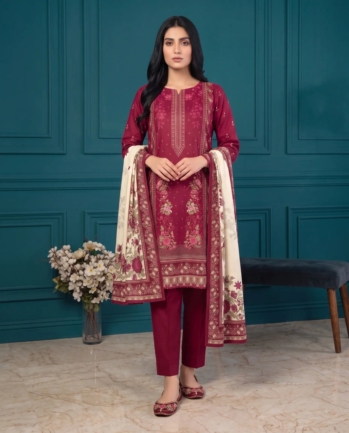 3 Piece - Marooj Ethnic Premium Printed Unstitched Red khaddar Suit