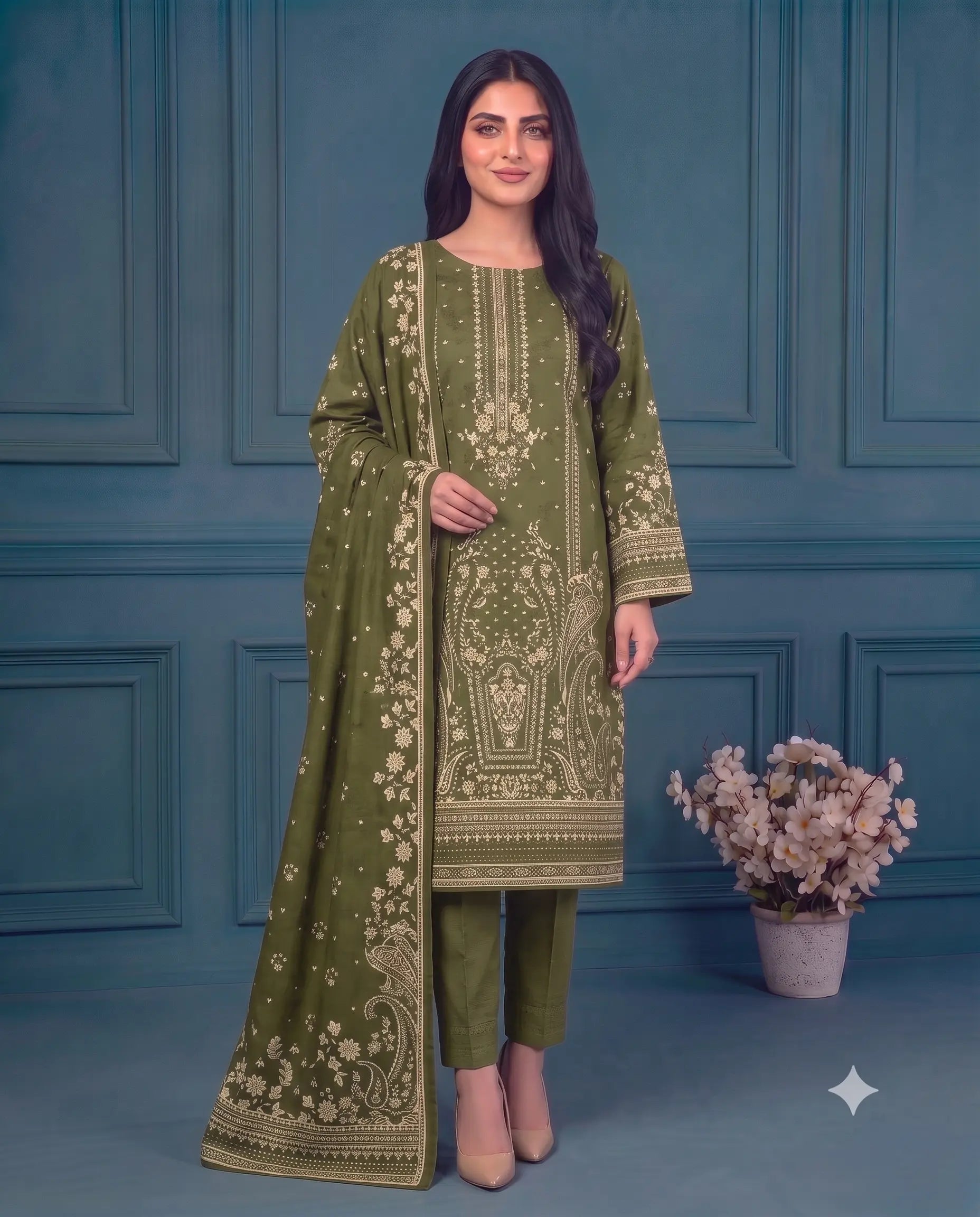 3 Piece - Marooj Ethnic Premium Printed Unstitched Mehandi khaddar Suit