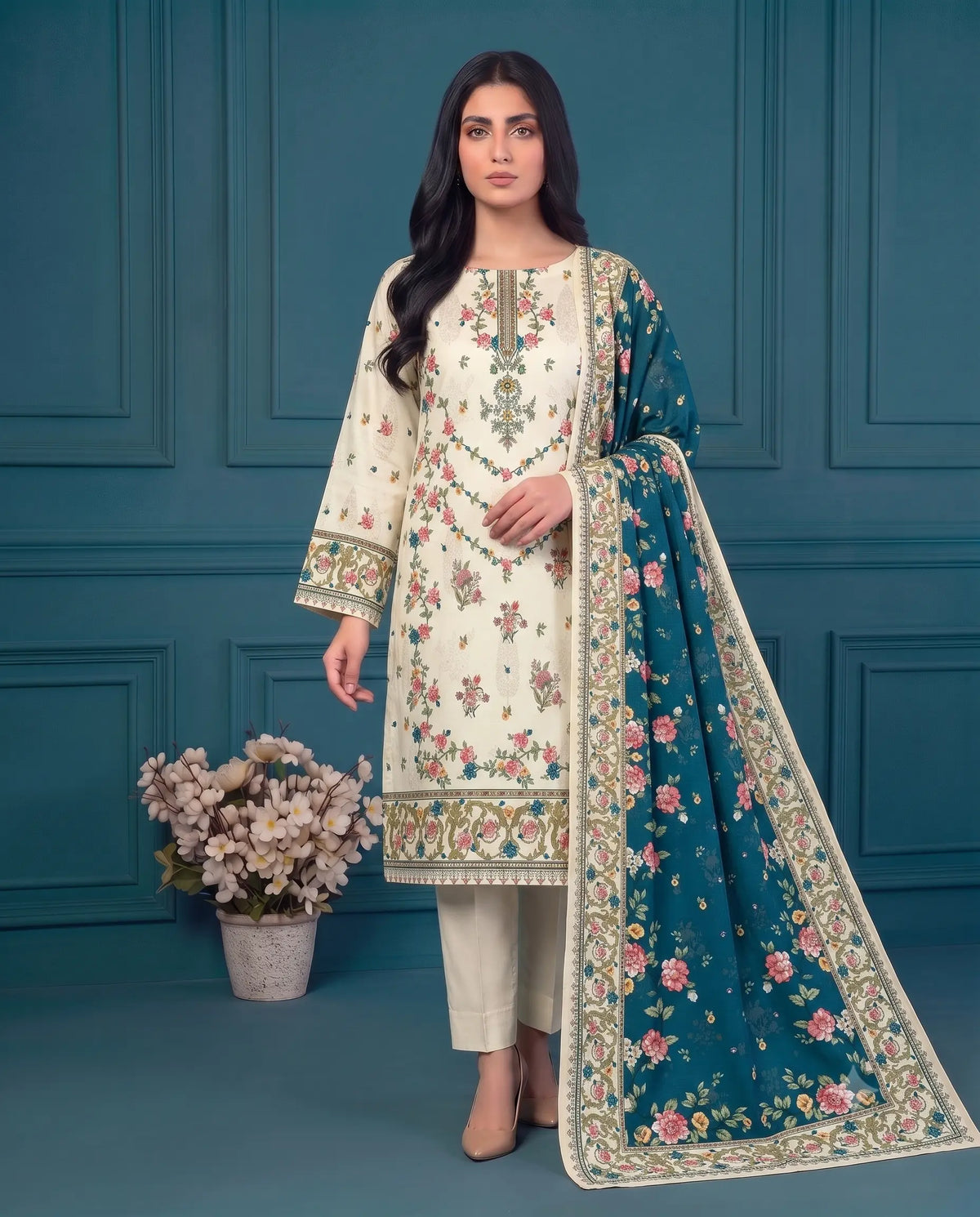 3 Piece - Marooj Ethnic Premium Printed Unstitched Off-white khaddar Suit