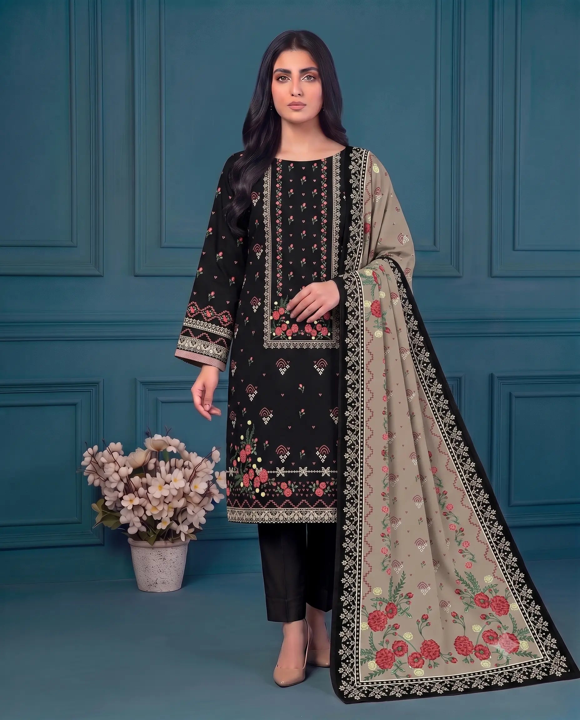 3 Piece - Marooj Ethnic Premium Printed Unstitched Black khaddar Suit