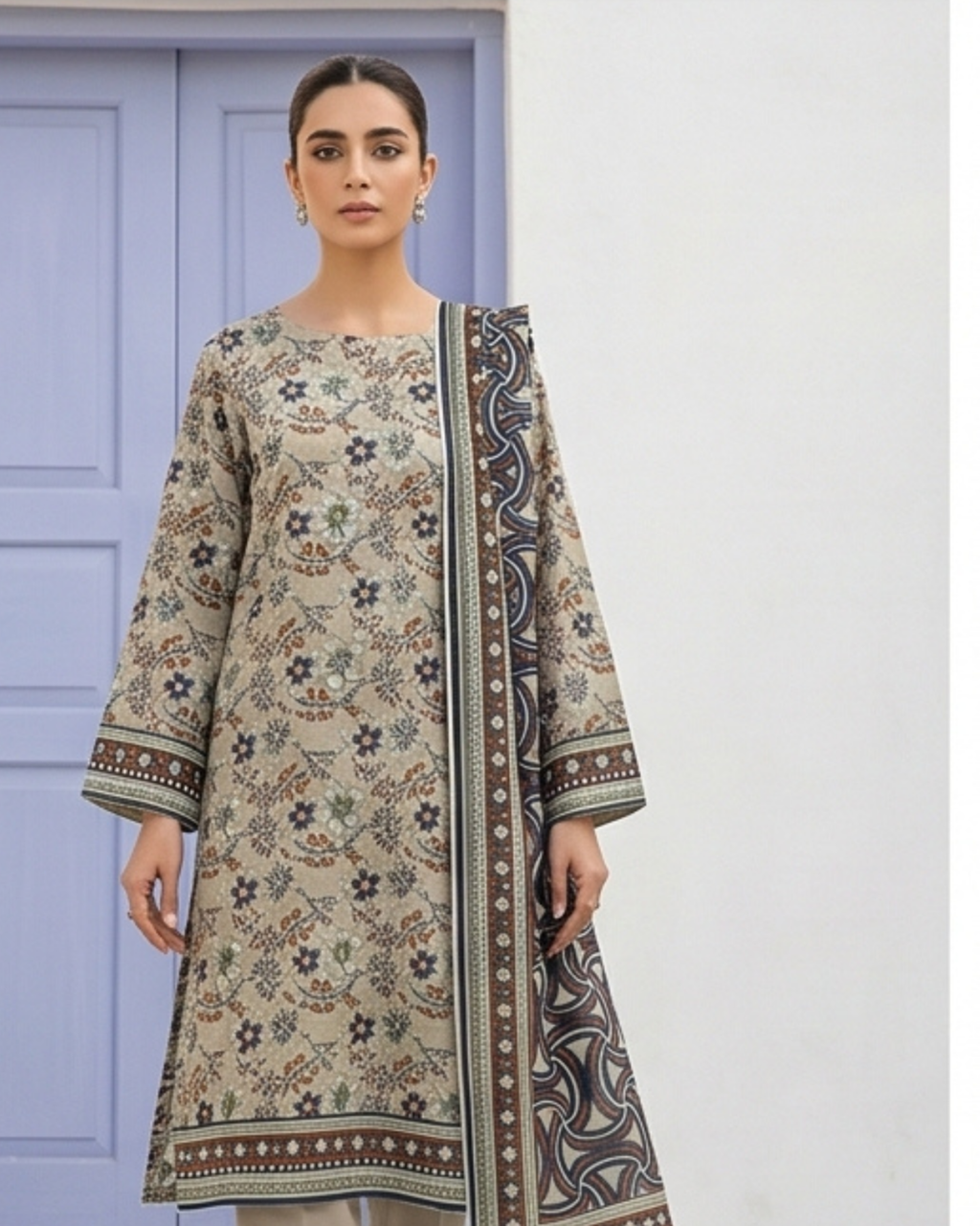 3 Pieces - Sohni Dharti Unstitched Skin Colour Premium Print Lawn Suit