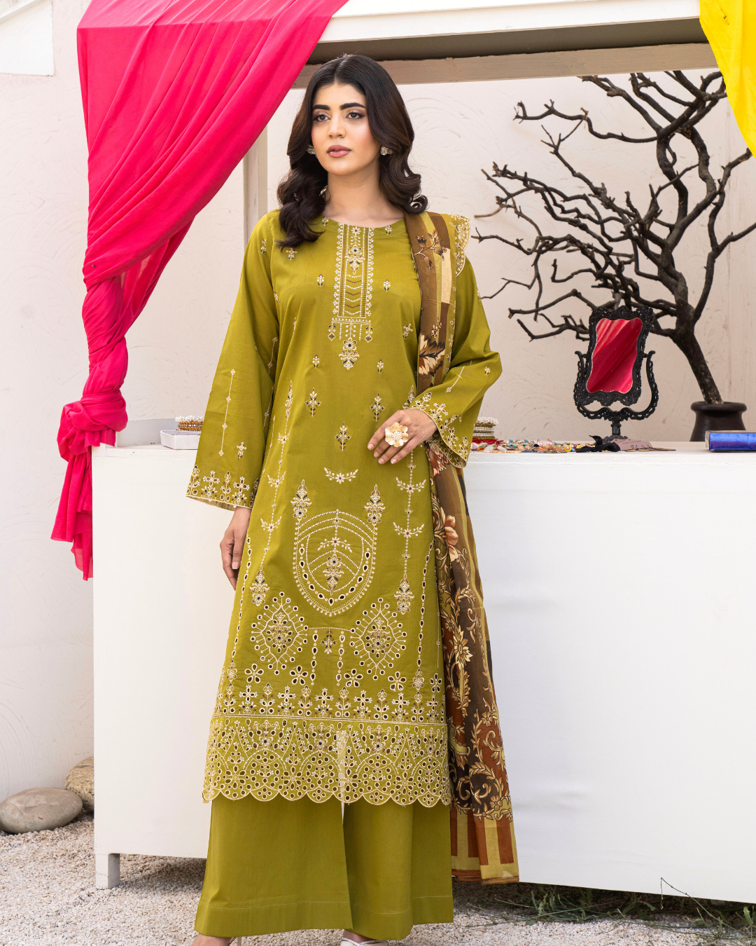 3 Piece - Gold Unstitched Mehndi Embroidered Lawn Suit