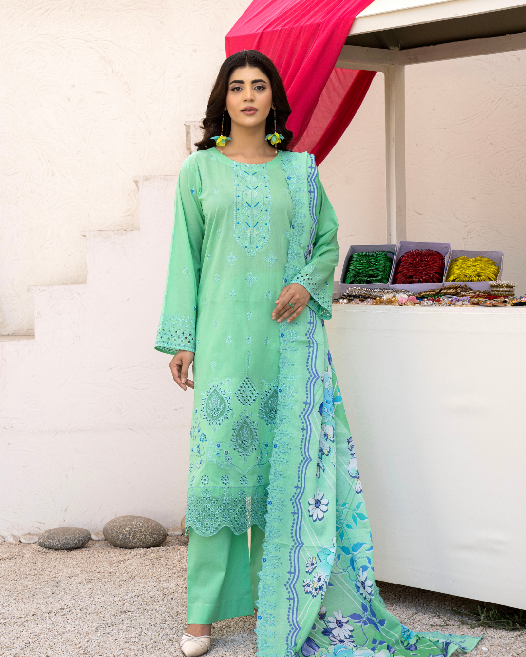 3 Piece - Gold Unstitched Pista Embroidered Lawn Suit