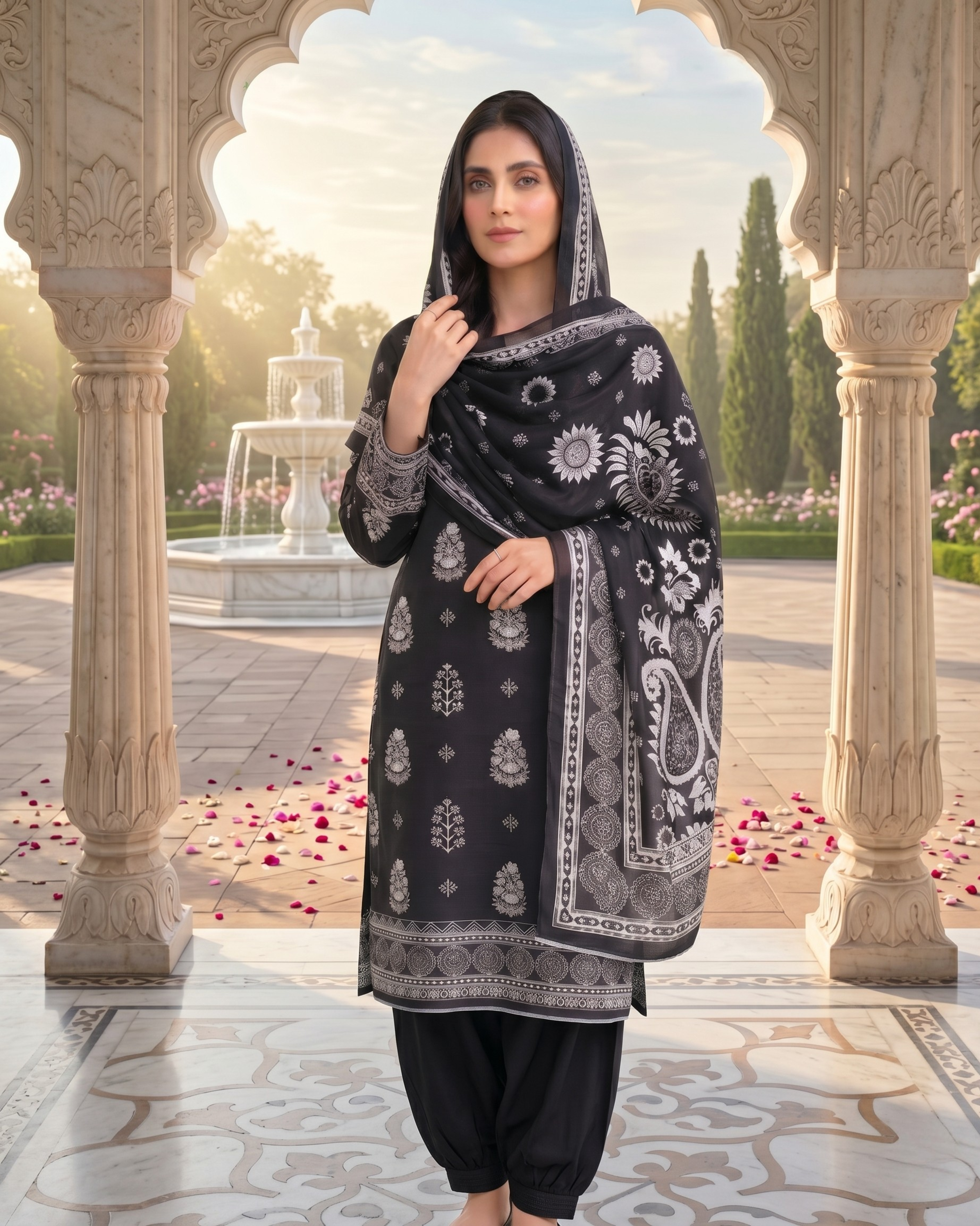 3 Pieces - Sohni Dharti Unstitched Black & White Print Lawn Suit