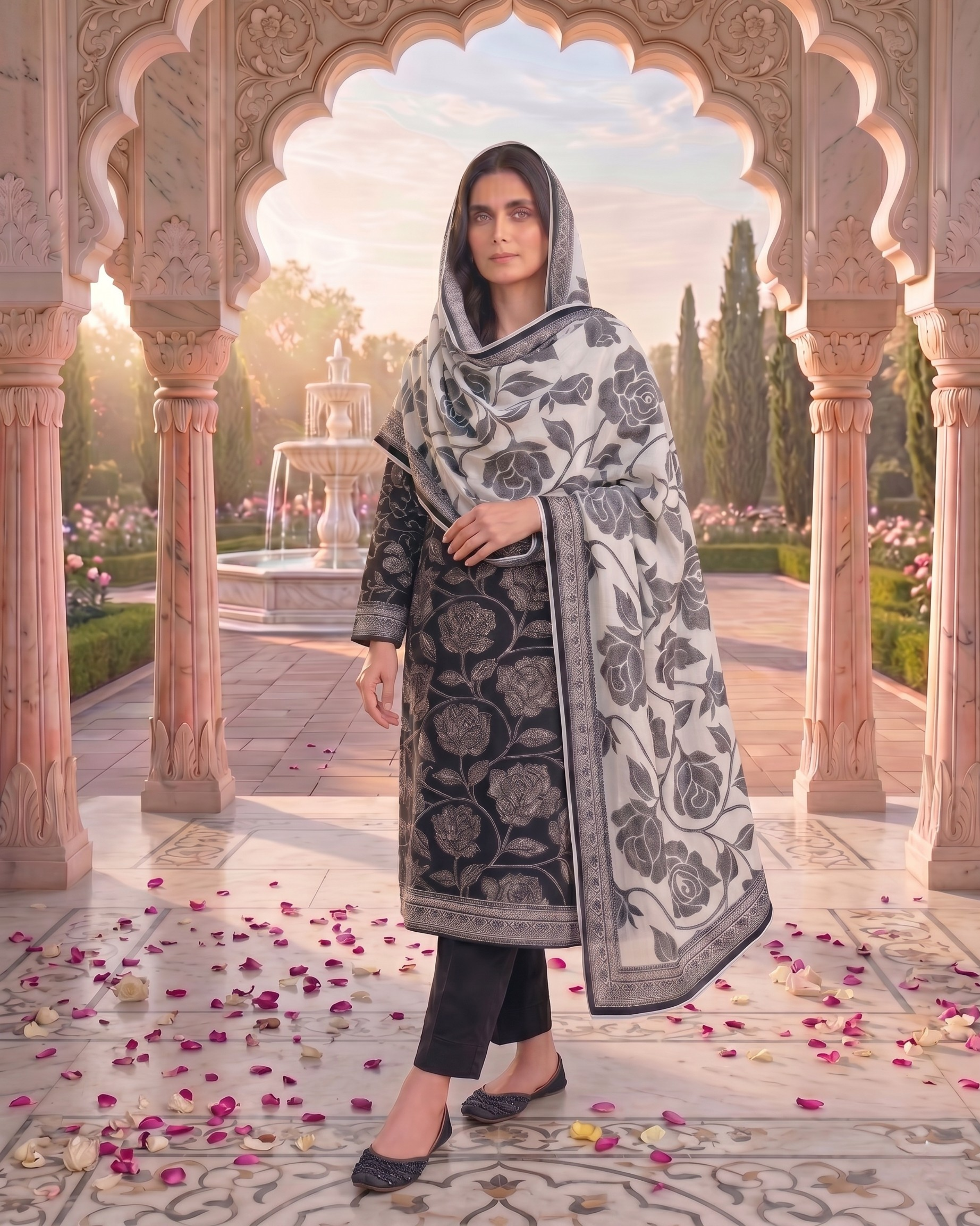 3 Pieces - Sohni Dharti Unstitched Black & White Print Lawn Suit
